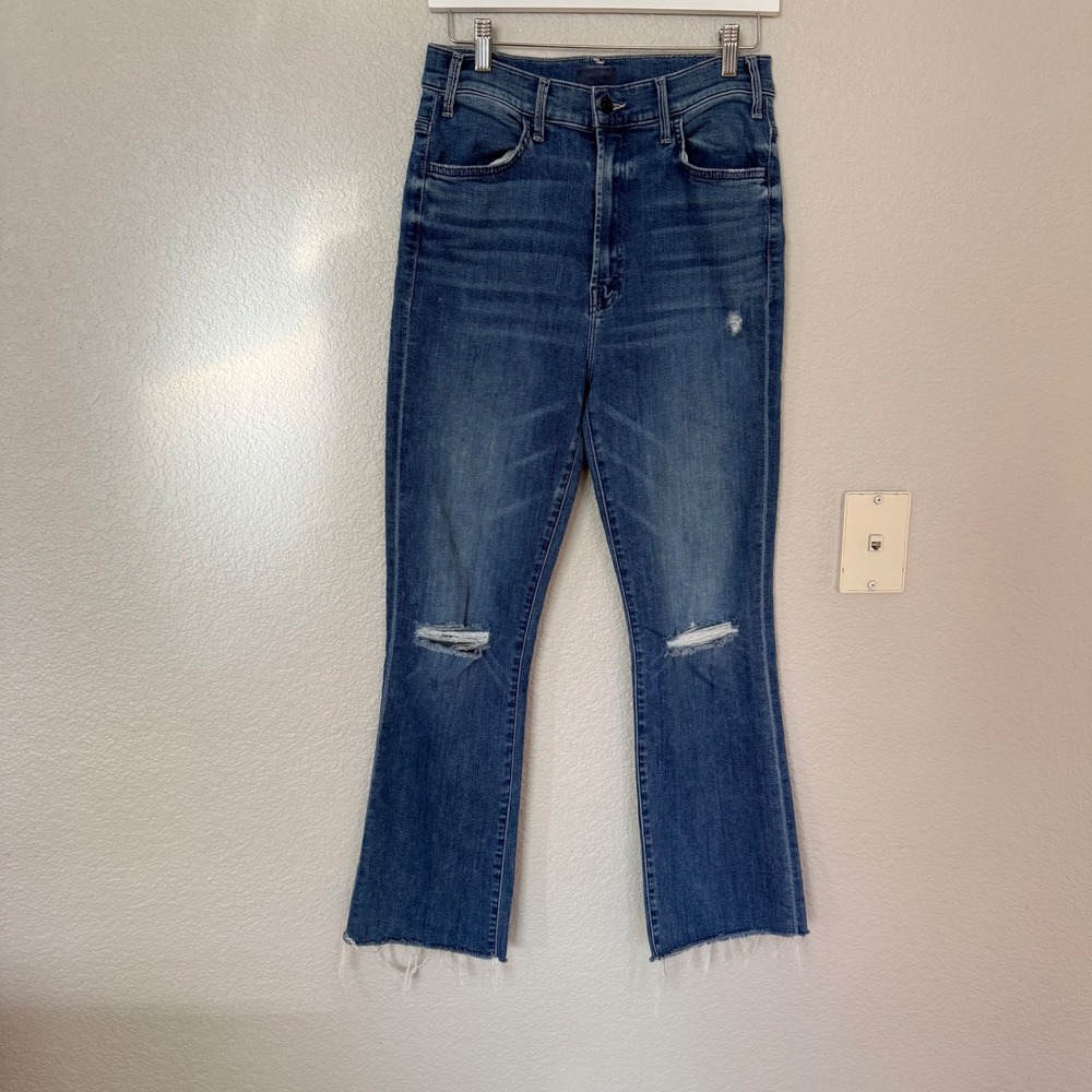 Mother The Hustler Ankle Fray Jeans Womens 30 Blue‎ Distressed High Rise Flare